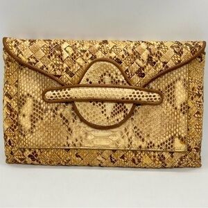Authentic Bottega Veneta Brown Cream Python Flap Envelope Clutch Luxury Bag